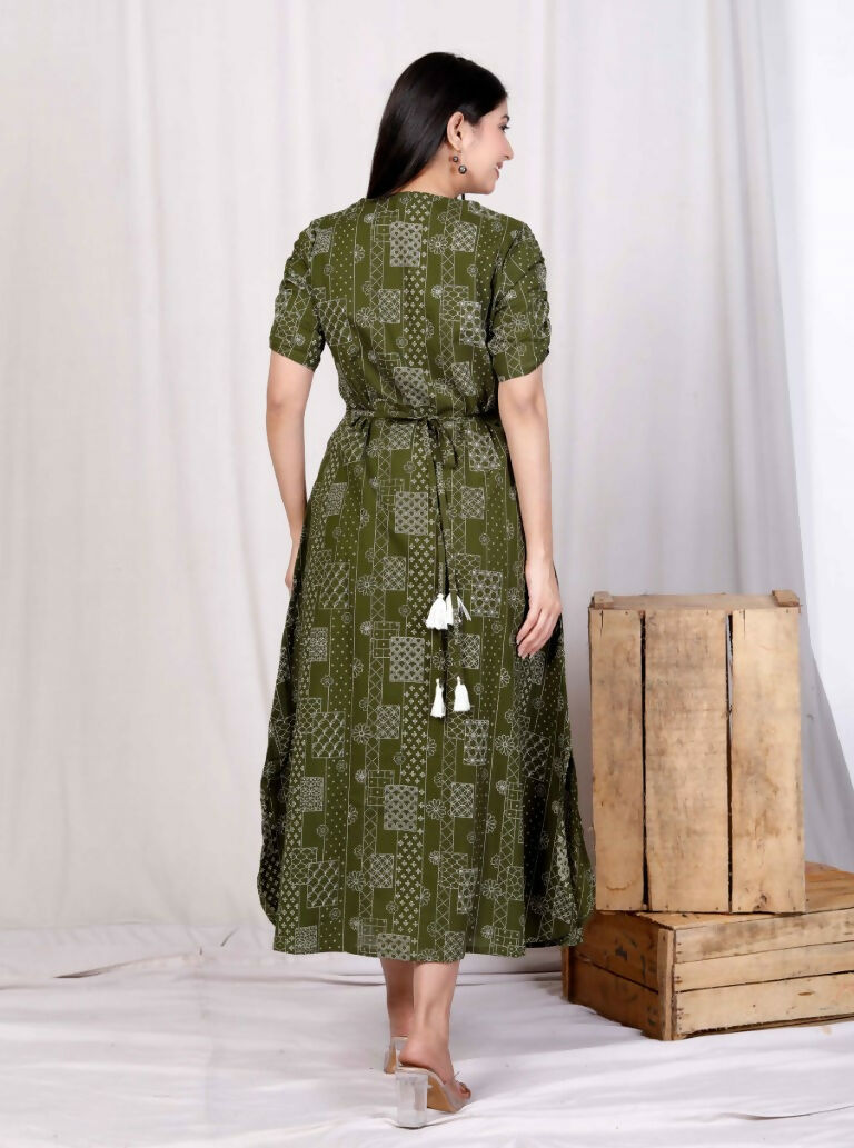 Miravan Women's Pure Cotton Floral Printed Green Button Down A-Line Midi Dress