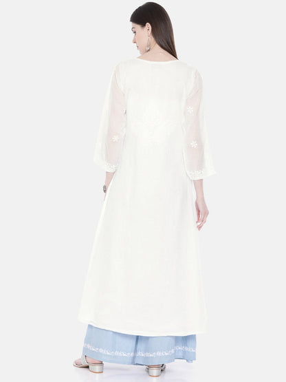 ADA Women White Embroidered Layered A-Line Chikankari Sustainable Kota Handloom Kurta