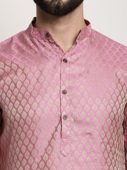 Sojanya Men Pink & Off-White Woven Design Kurta with Churidar