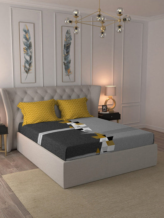 MYTRIDENT Grey Melange White Geometric Cotton 144 TC Queen Bedsheet With 2 Pillow Covers
