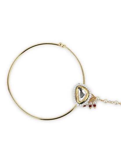 Gold-Polished White Kundan Studded Nose Pin With Beaded Extension - Ruby Raang