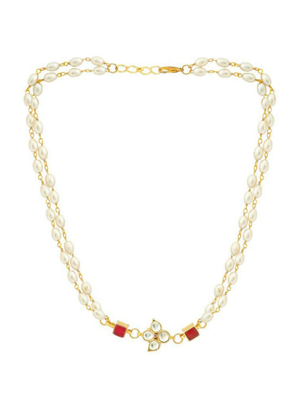 White and Red Beaded Gold Plated Flower Kundan Necklace - Ruby Raang