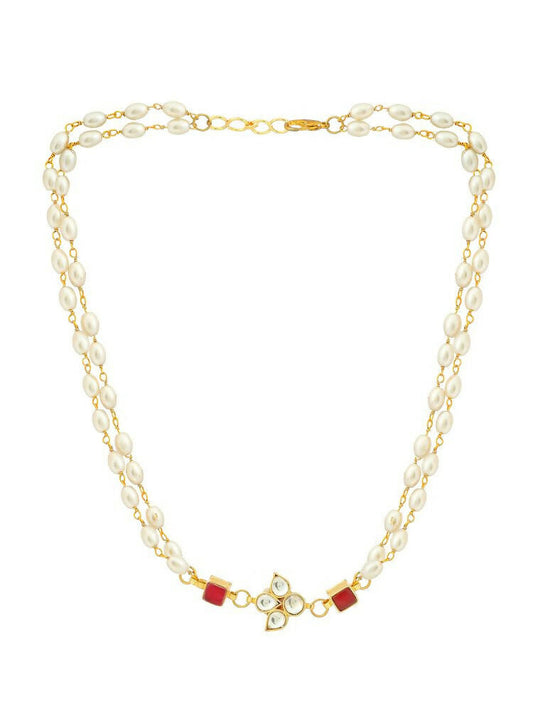 White and Red Beaded Gold Plated Flower Kundan Necklace - Ruby Raang