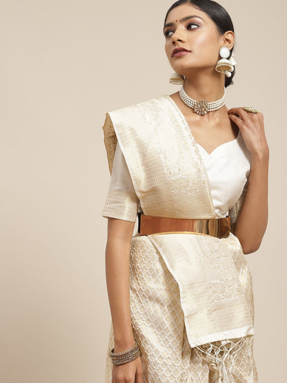Saree Mall Cream-Coloured Zari Silk Blend Kanjeevaram Sarees