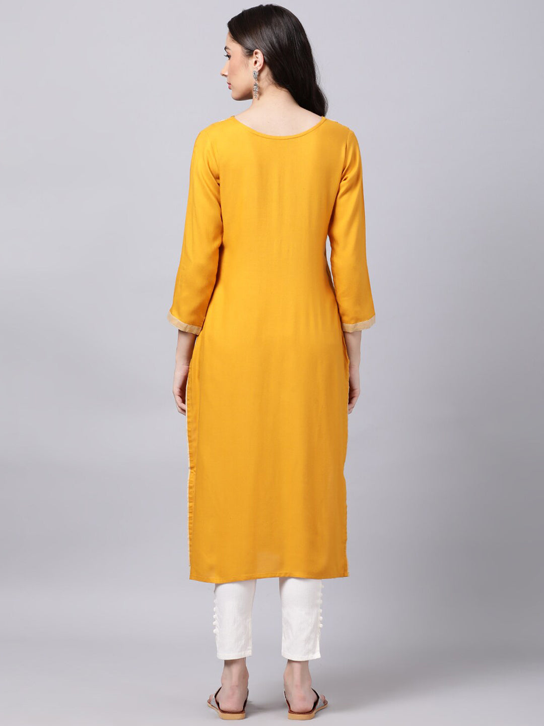 Souchii Women Tan & White Geometric Yoke Design Thread Work Grandeur & Majestic Artwork Kurta