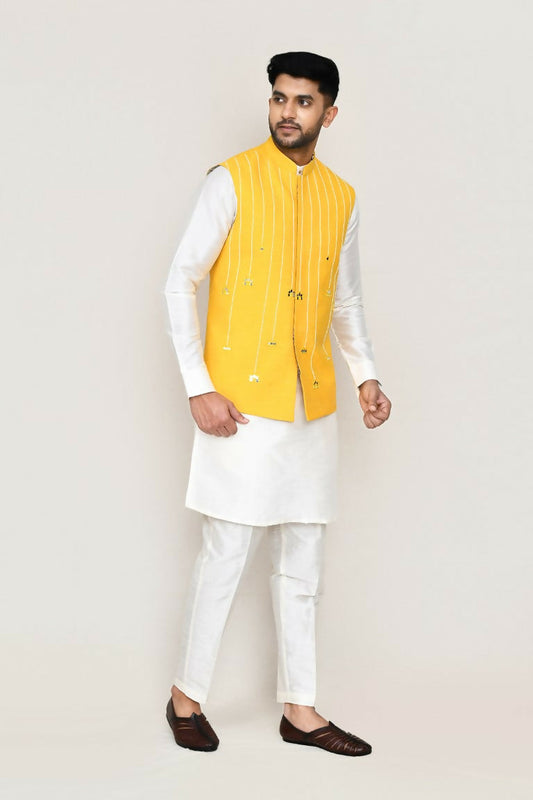 Joban Fashion Yellow Colored Art Silk Based With Thread Work Work Men's Jacket