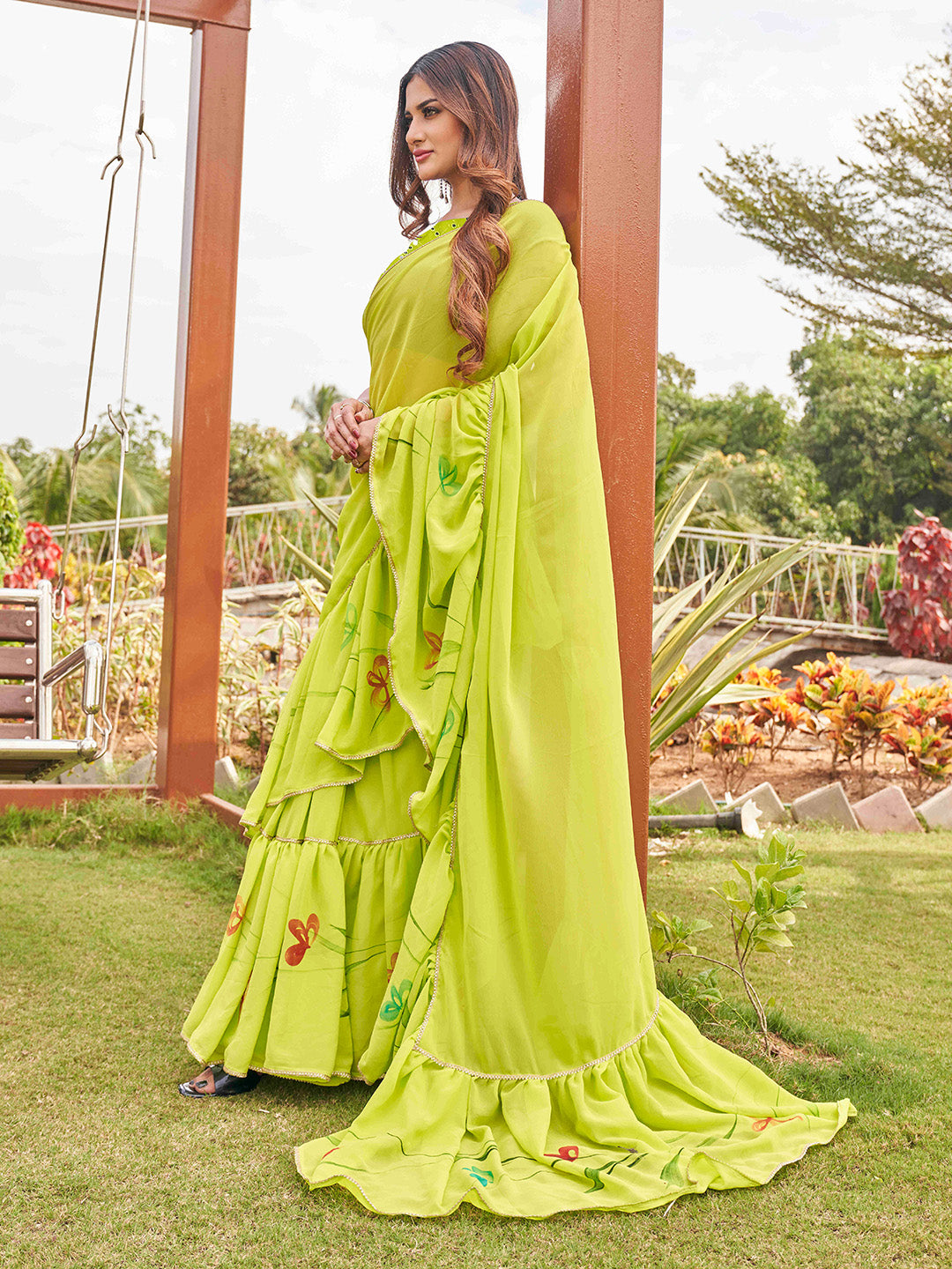 Tikhi Imli Printed Ruffle Saree With Mirror Embroidered Work Blouse