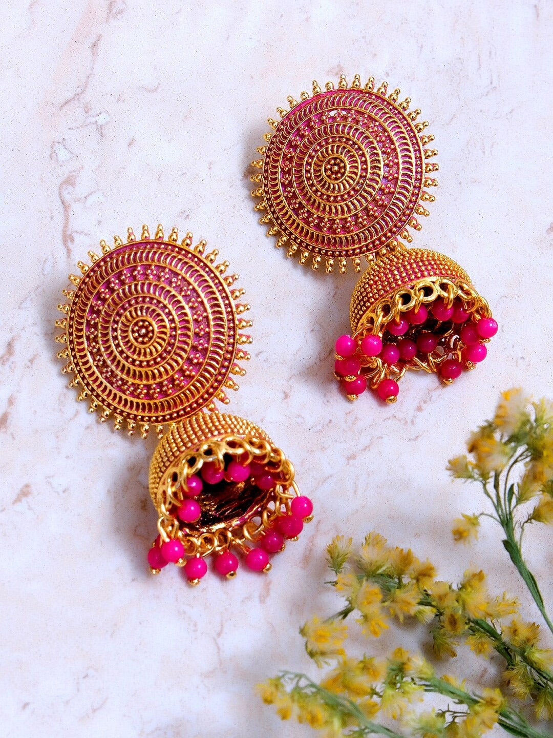 Gold-Polished Alloy Designer Brass Jhumki Earrings - The Pari