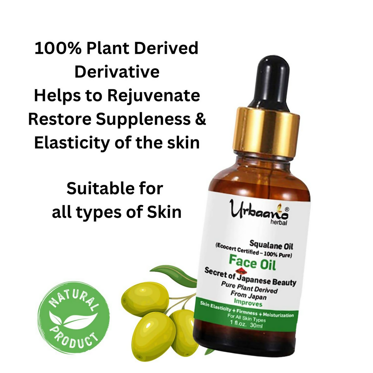 Urbaano Herbal Olive Squalane - 100% Pure Natural Plant-Derived Japanese Oil