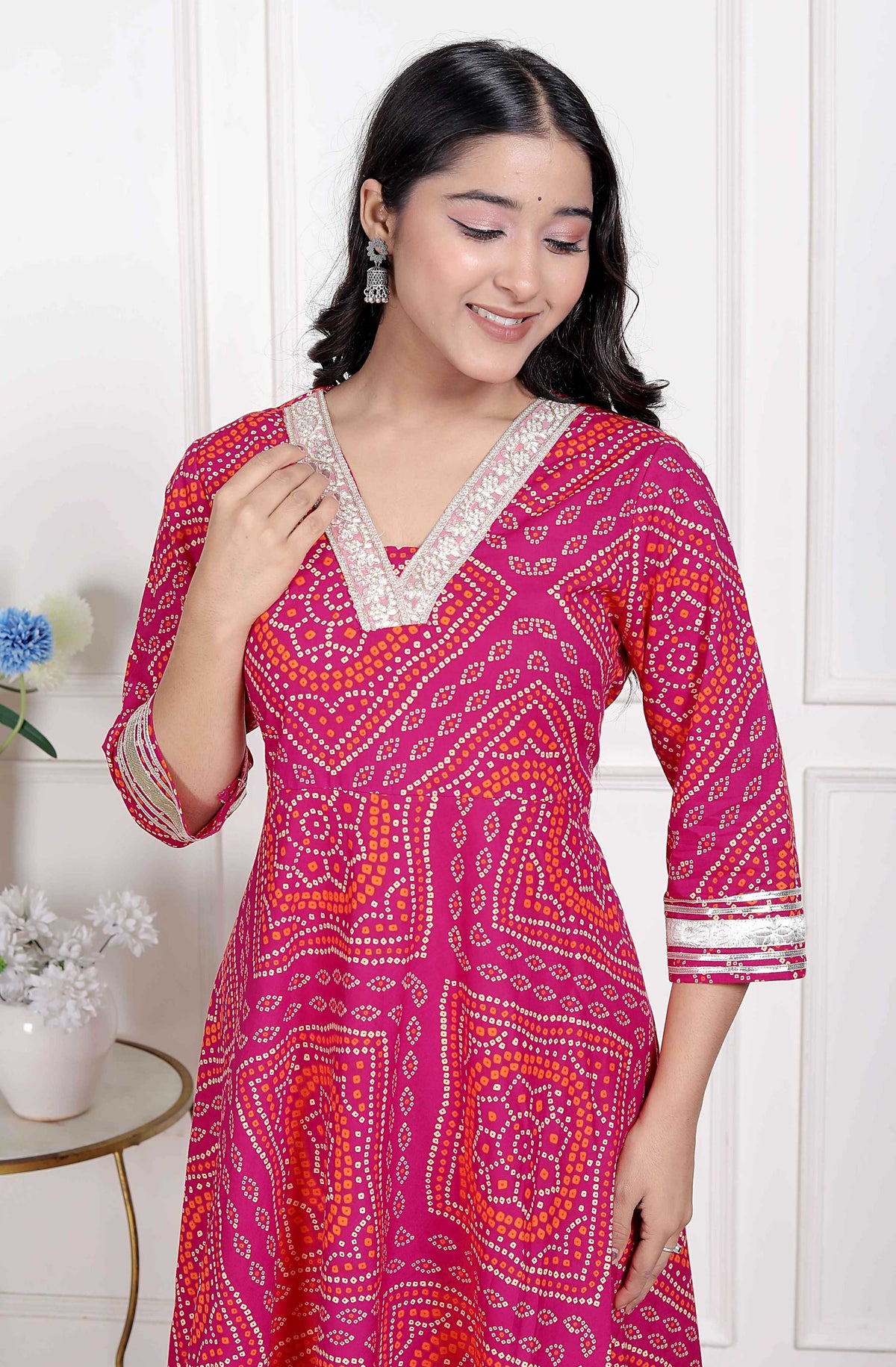Miravan Women's Pink Cotton Bandhani Ethnic Anarkali Kurta