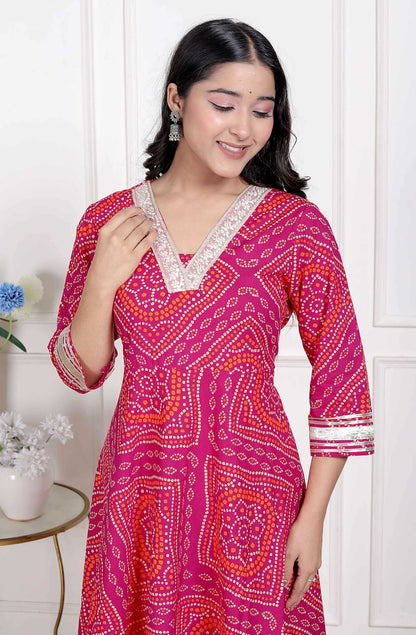 Miravan Women's Pink Cotton Bandhani Ethnic Anarkali Kurta