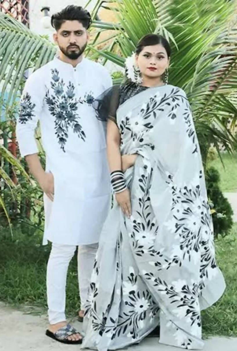 Exclusive Collection Elegant Hand Printing Designe On Pure Cotton Saree And Men's Kurta - White