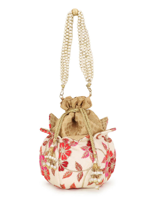 Joban Fashion Lotus Floral Embroidered Faux Silk Potli - Pink