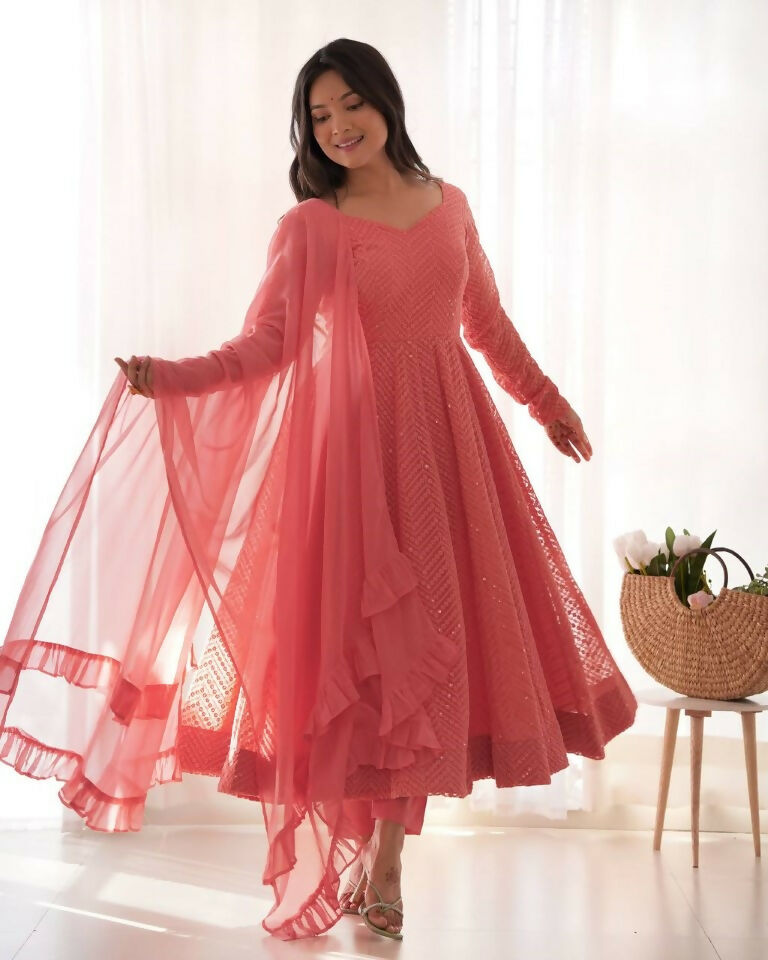 Teeya Creation Peach Color Heavy Embroidery Work Georgette Fabric Wedding Wear Gown