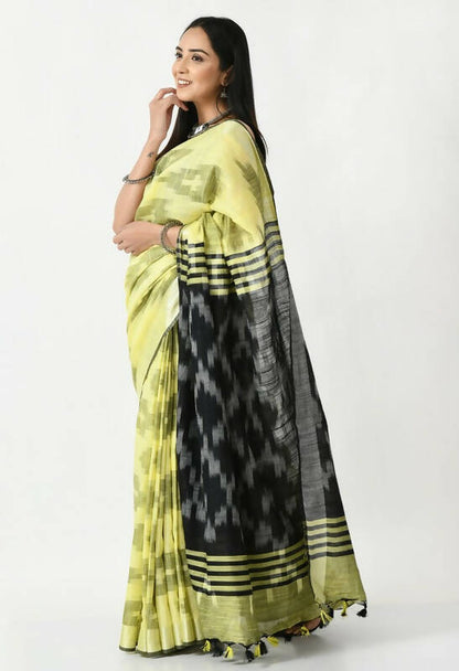 Mominos Fashion Moeza Lemon Yellow & Black Bhagalpuri Handloom Ikat Pure Cotton Saree with unstitched Blouse piece