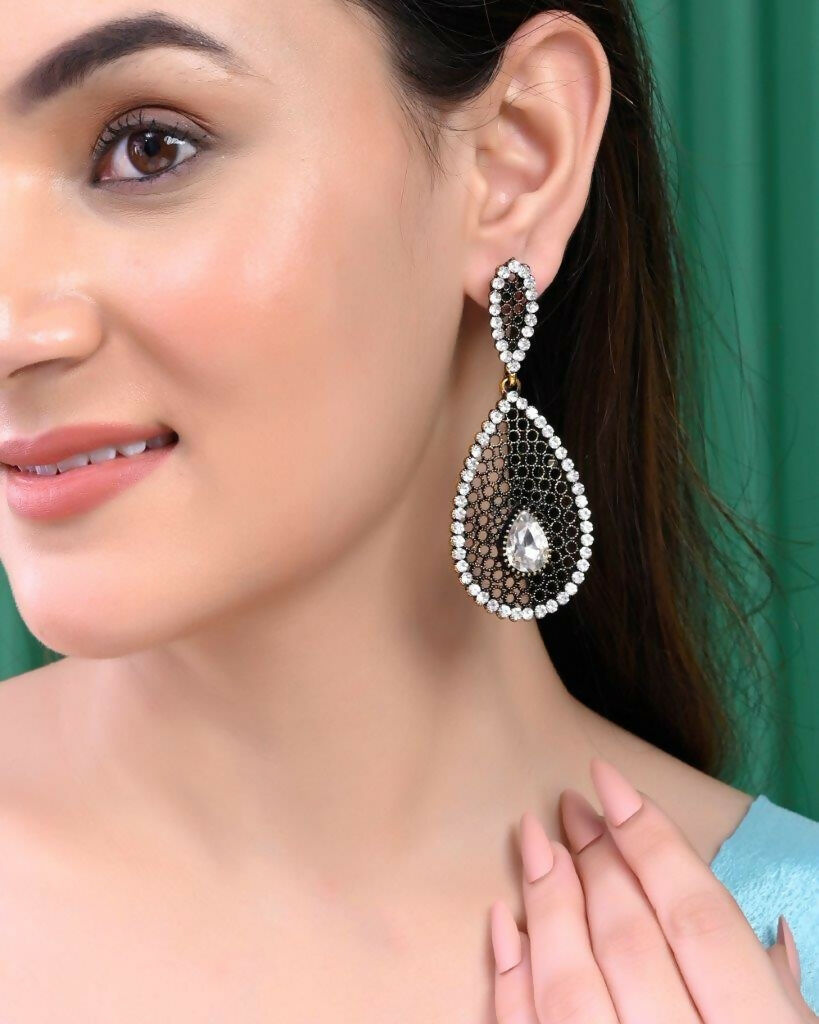 VOJ Set Of 2 Earrings- Blue Printed Jhumka With Black AD Studded Drop Earrings