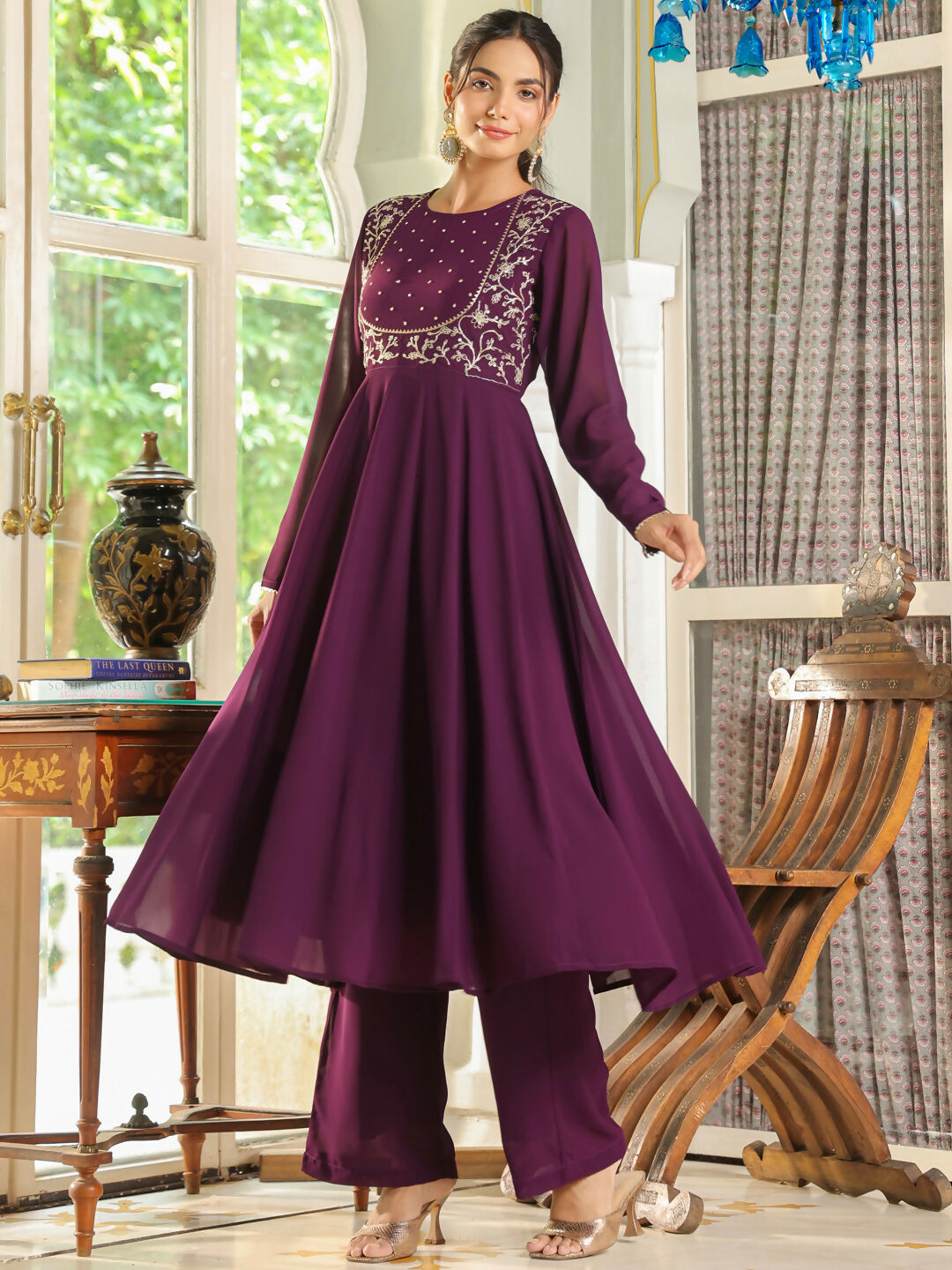 Janasya Purple Georgette Embroidered Kurta,Bottom & Dupatta