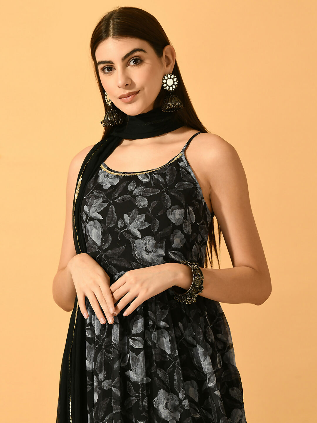 Myshka Women's Black Festive Flared Anarkali Kurta With Dupatta sets