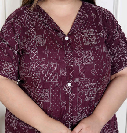 Miravan Women's Plus Size Wine Mandarin Neck Floral Printed A-Line Party wear Kurta