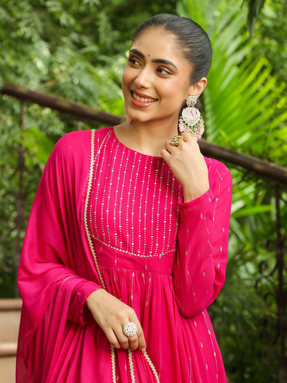Janasya Pink Georgette Foil Print Kurta,Bottom & Dupatta