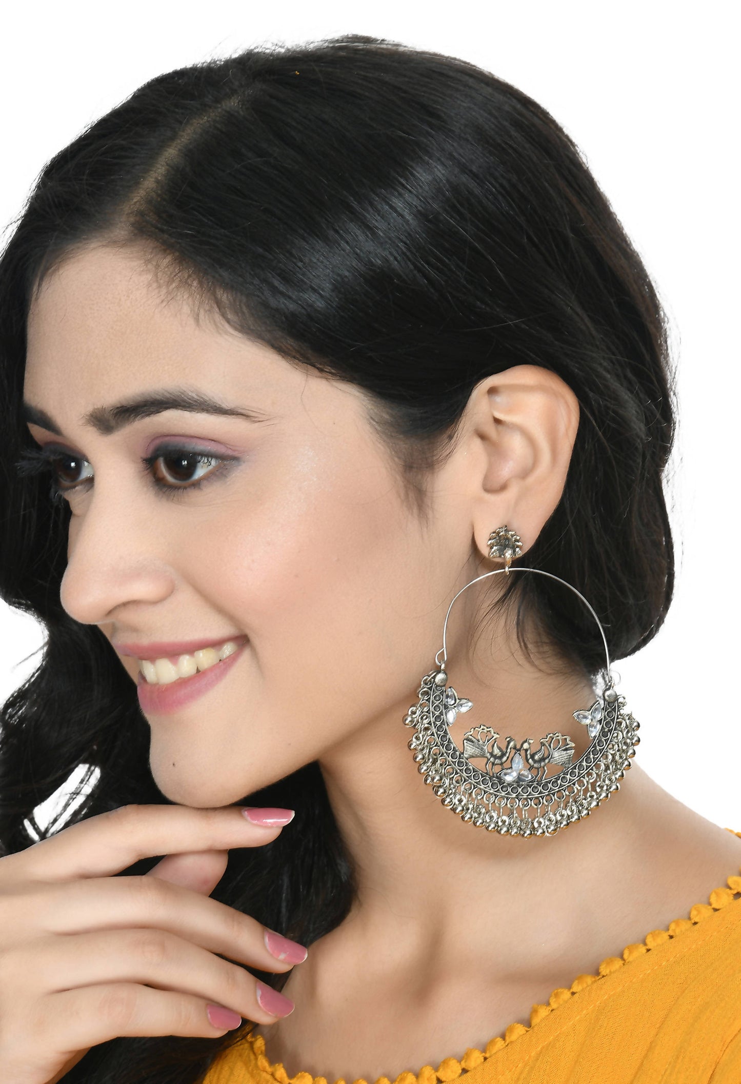 Mominos Fashion Johar Kamal Silver Peacock Design Chandbali Earrings