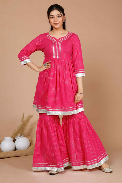 Miravan Women's Pink Printed A-Line Gotta Patti Lurex Cotton Kurti With Sharara