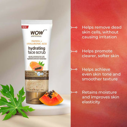 WOW Skin Science Papaya and Hyaluronic Acid Hydrating Face Scrub for Gently Exfoliates, Unclogs Pores