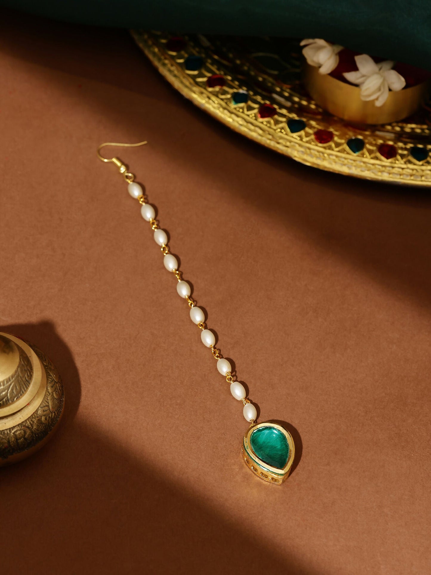 Ruby Raang Green Tear Drop Green Meenakari Maang Tikka