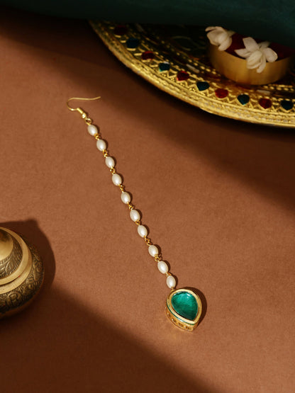 Ruby Raang Green Tear Drop Green Meenakari Maang Tikka