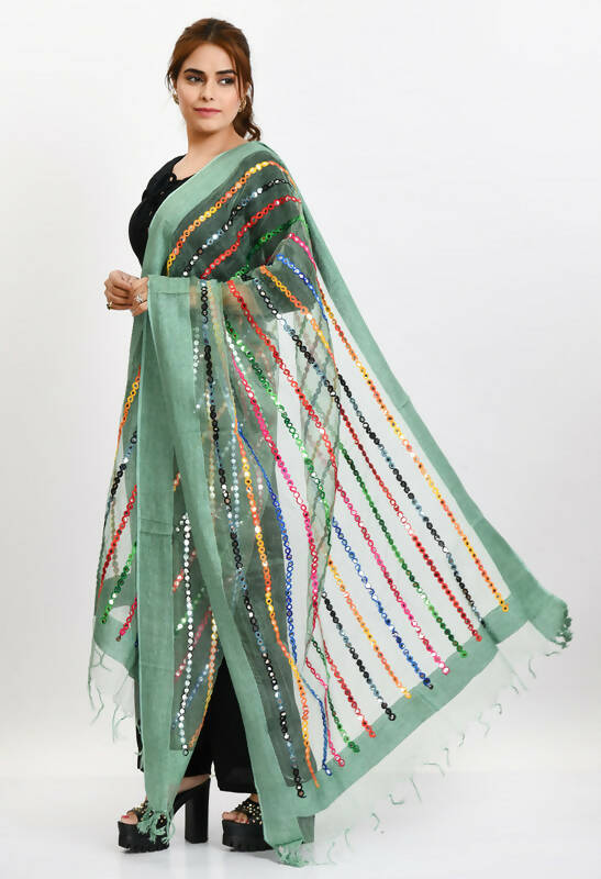 Mominos Fashion Moeza Women's Orgenza Multi Thread Mirror Work Pista Green Dupatta