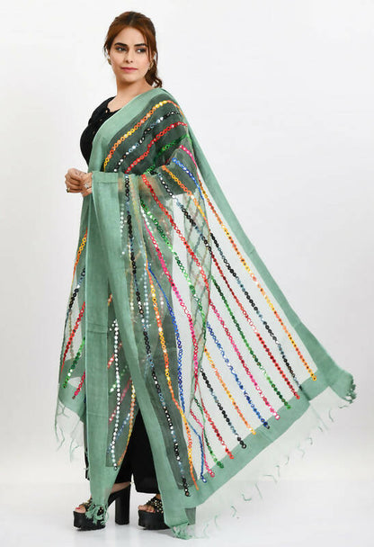 Mominos Fashion Moeza Women's Orgenza Multi Thread Mirror Work Pista Green Dupatta