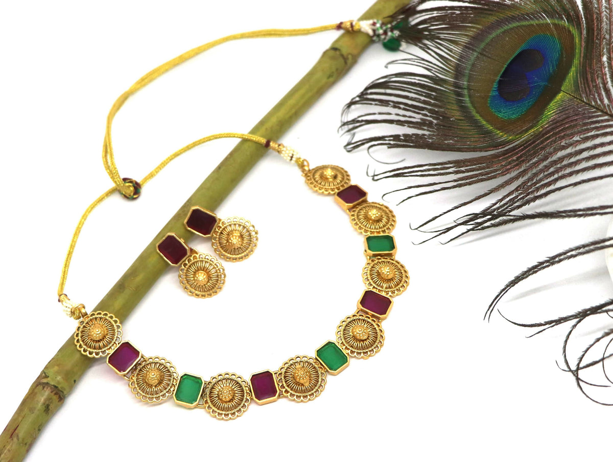 Joban Fashion Maroon & Green Pure Brass With Rajwadi Polish Necklace Set