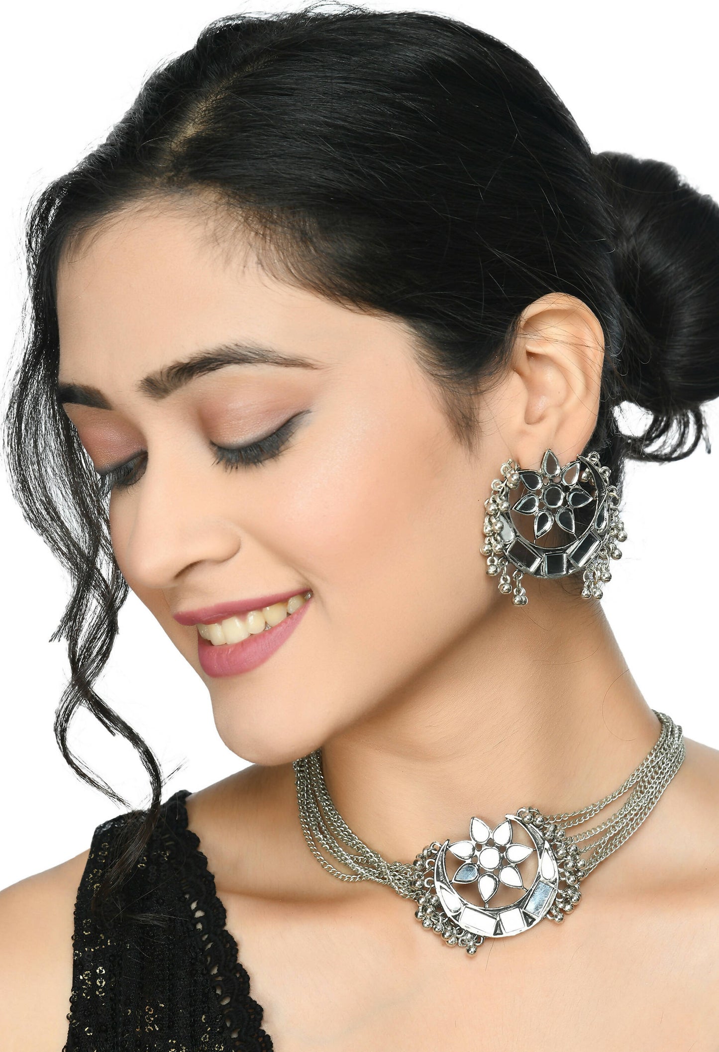 Mominos Fashion Johar Kamal Silver-Plated Brass Finish Mirror Work Choker For Women