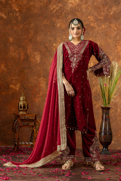 Joban Fashion Deep Maroon Velvet Embroidery Kurta Set