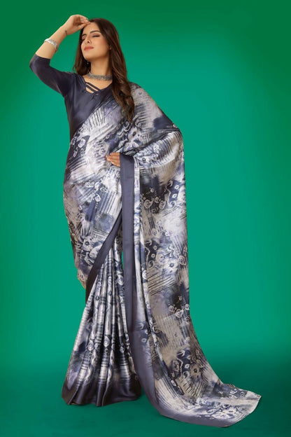 Aayaa Designer Printed Satin Saree - Multi Color