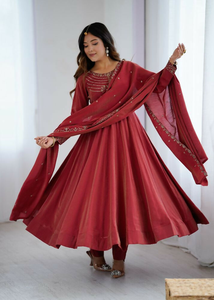 Joban Fashion Maroon Kurta Set Chanderi Sequence Embroidery Work