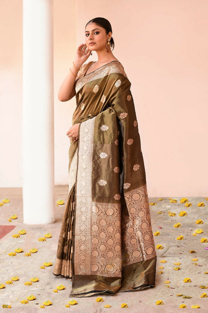 Joban Fashion Olive Green Banarasi Katan Pure Handloom Banarasi Silk Saree