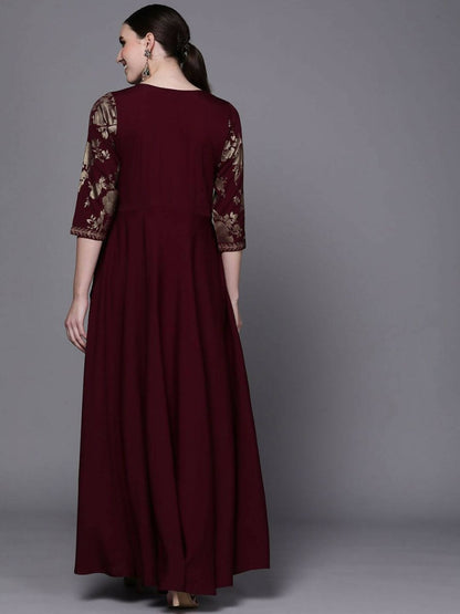 Ahalyaa Women Burgundy Floral Fit & Flare Maxi Ethnic Dress
