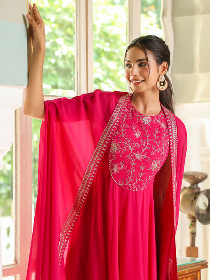 Janasya Pink Georgette Embroidered Dress & Cape