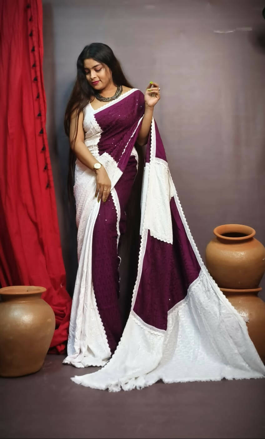 Exclusive Collection Chikankari Sequence Saree - White & Purple