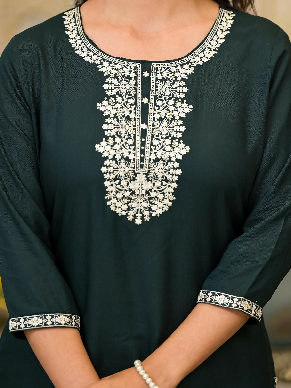Juniper Women's Green Thread Embroidered Rayon Kurta