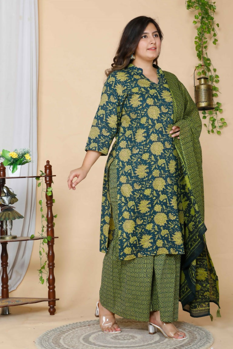 Miravan Women's Plus Size Green Floral Printed Cotton Kurta With Sharara & Dupatta Set