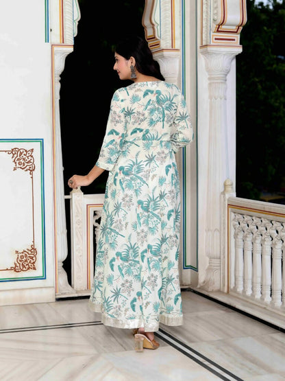Miravan Women's Light Green Birds And Leaf Floral Printed Anarkali Kurta And Dupatta Set