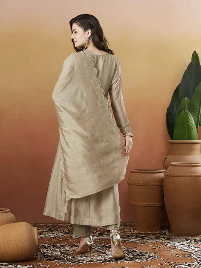 The52 Chiku Women's Beautiful Vichitra Silk Fabric Embroidered Work Flared Anarkali Pant and Dupatta Set
