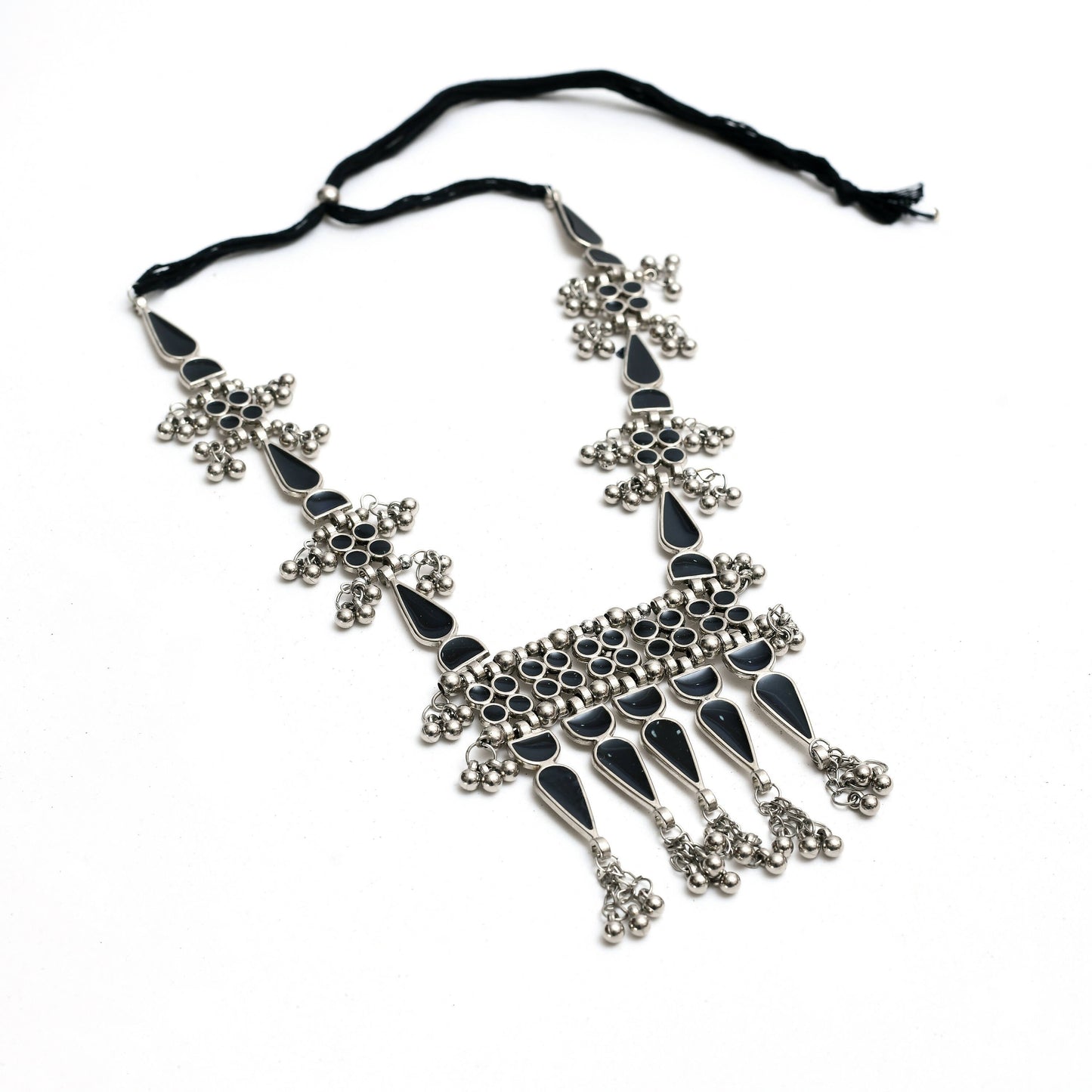 Mominos Fashion Johar Kamal Oxidised Silver-Plated Meenakari Long Necklace Set