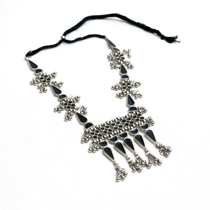 Mominos Fashion Johar Kamal Oxidised Silver-Plated Meenakari Long Necklace Set