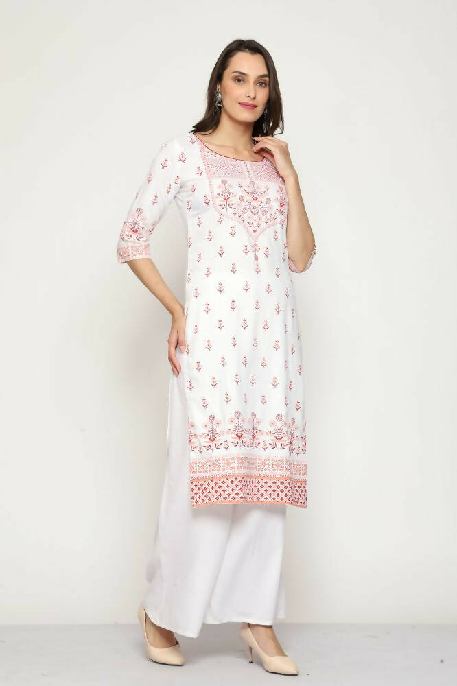 Maai Rayon Hand Printed Kurta Off-White