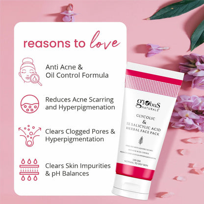Globus Naturals Anti Acne Glycolic & 1 % Salicylic Acid Face Pack, For Acne Prone & Oily Skin