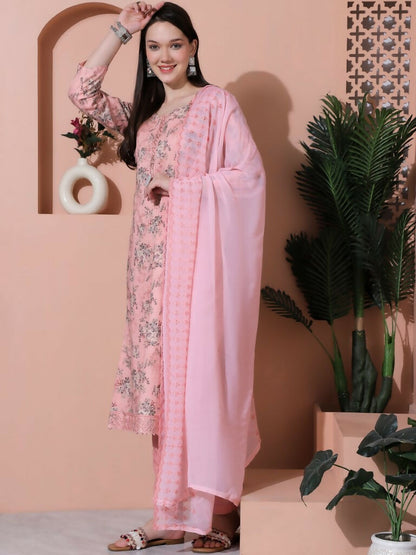 Jyoti Fashion Women's Pink Cotton Floral Digital Printed Kurta with Trouser & Dupatta