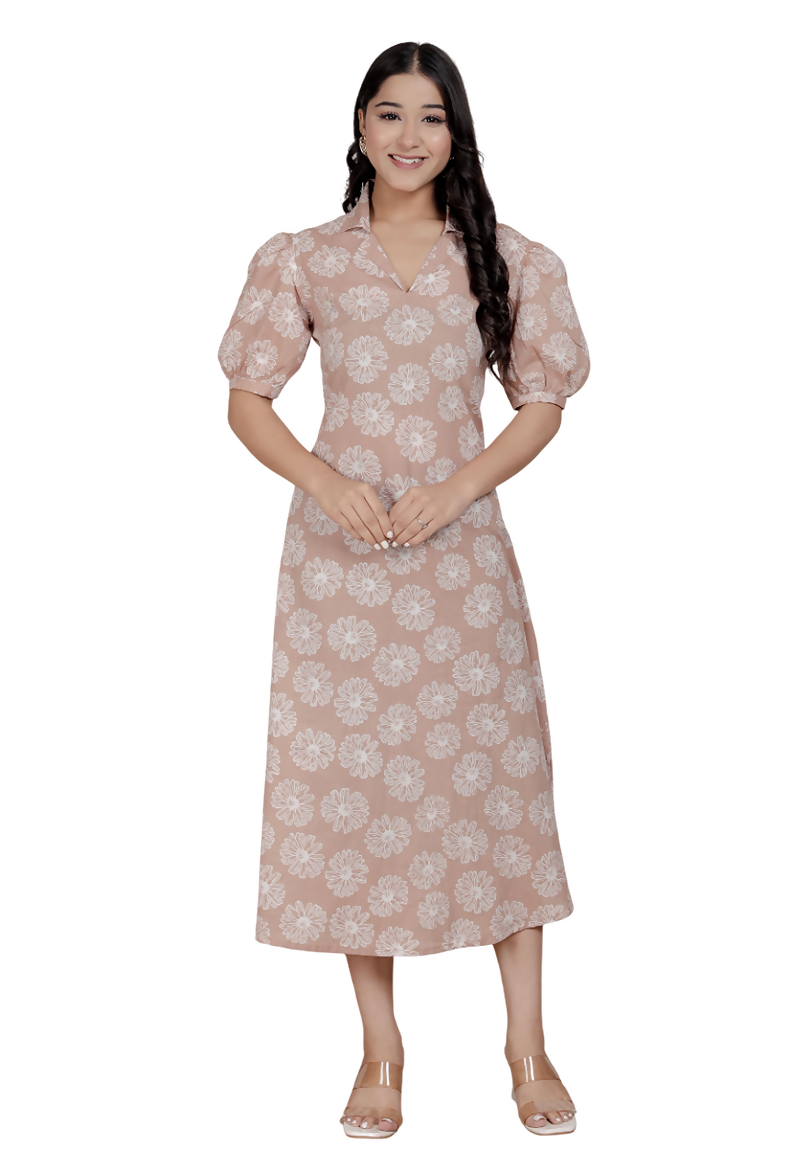 Miravan Womens Puff Sleeve Cheeku Pure Cotton Printed Maxi Dress